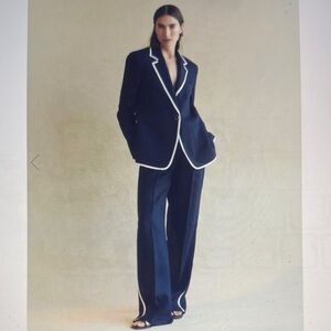 Lafayette 148 New York High Rise Sullivan Navy/White Trim Pants 10